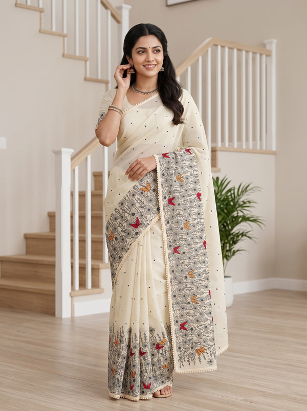 Net Kota Saree in Lemon Yellow with Black Floral Butterfly Print