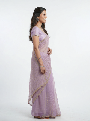 Shimmer Organza Lilac Purple Sequin Embroidered Saree with Scalloped Zari Border