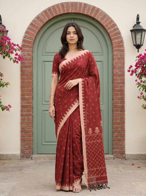 Cotton Maroon Cream Zigzag Floral Butta Saree