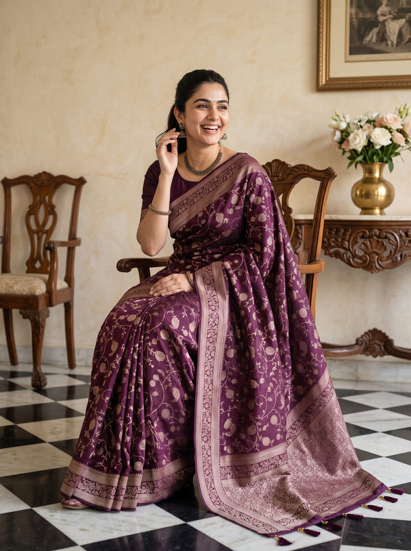 Banarasi Silk Wine Allover Floral Saree with Matching Zari Border
