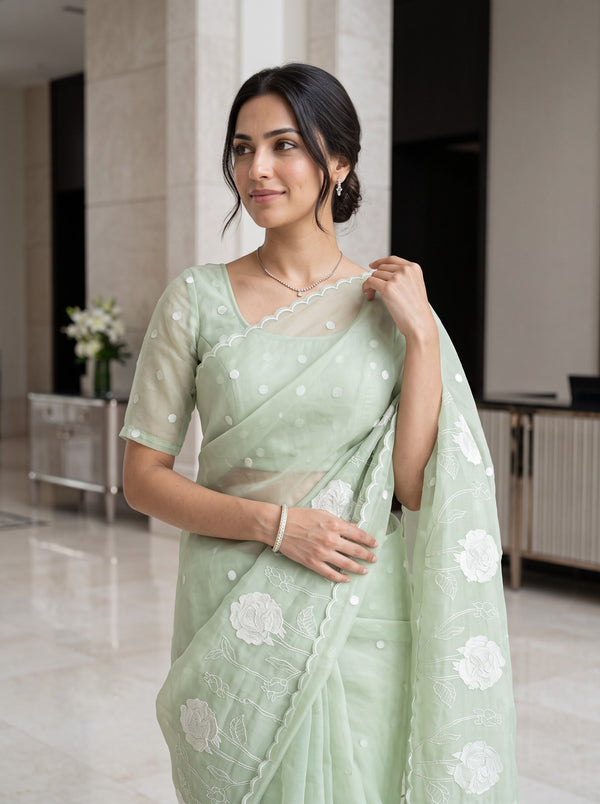 Organza Pastel Green Saree with Floral Border and Dot Booti