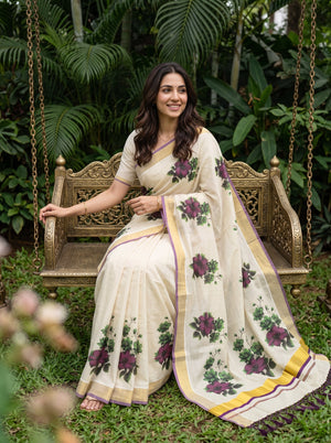 Tissue Cream Kerala Saree with Purple Floral Print Pallu, Golden Zari and Purple Border