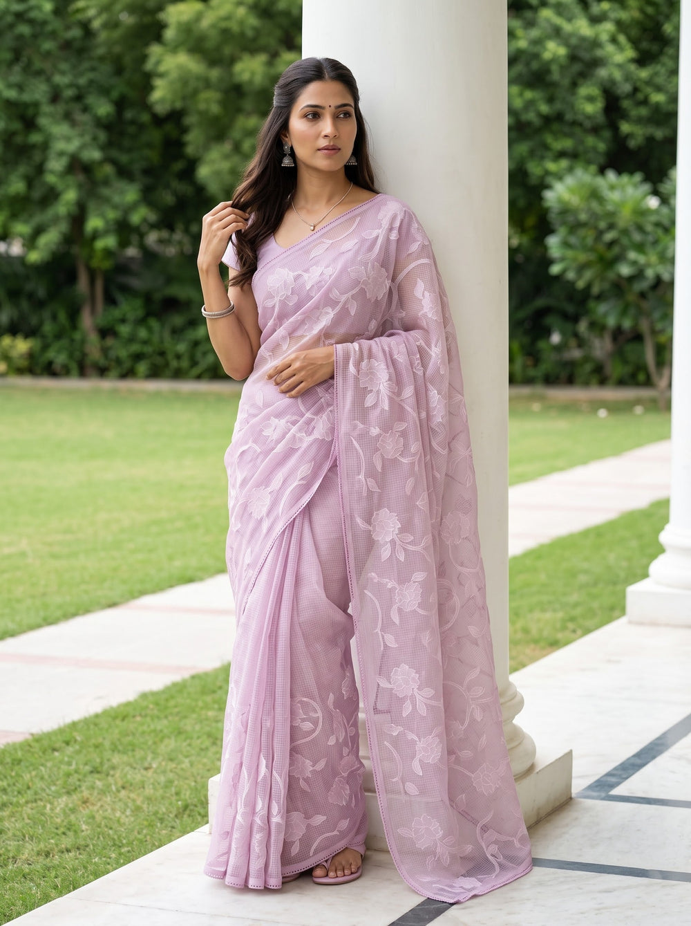 Net Kota Blush Pink Self-Tone Rose Vine Saree