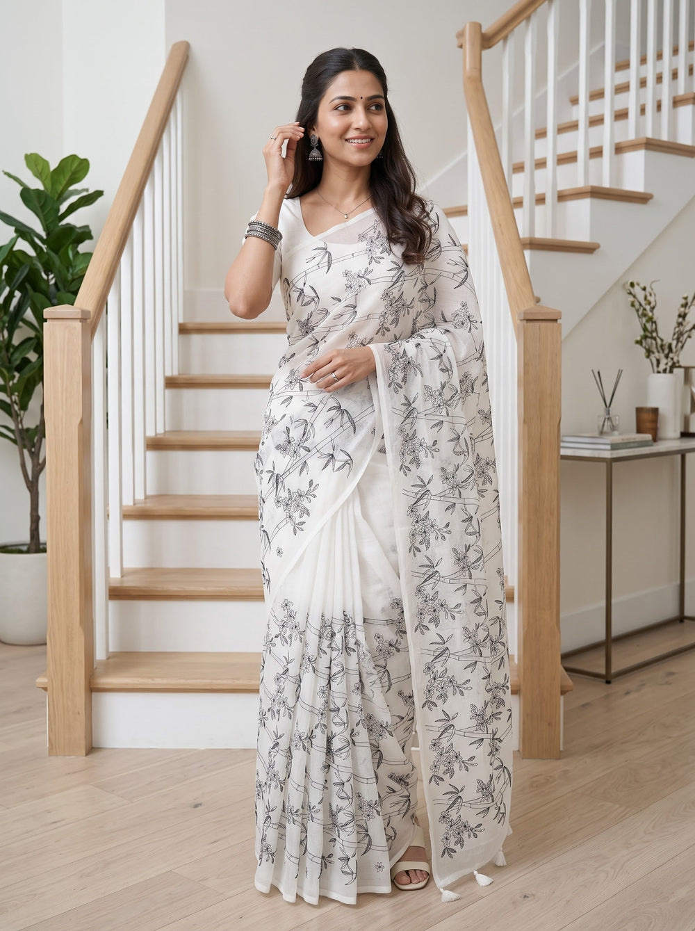 Net Kota Off-White Saree with Black Floral Vine Design