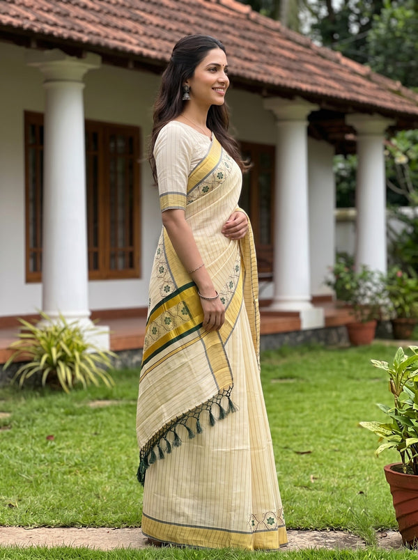 Tissue Cream and Green Floral Vine Border Onam Kerala Saree
