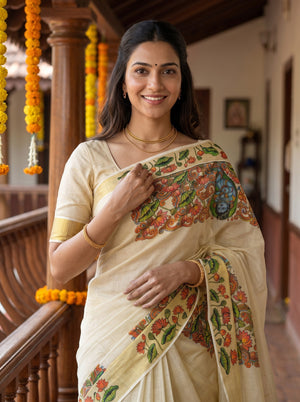 Tissue Cream Krishna Mural Print With Golden Border Onam Special Kerala Saree