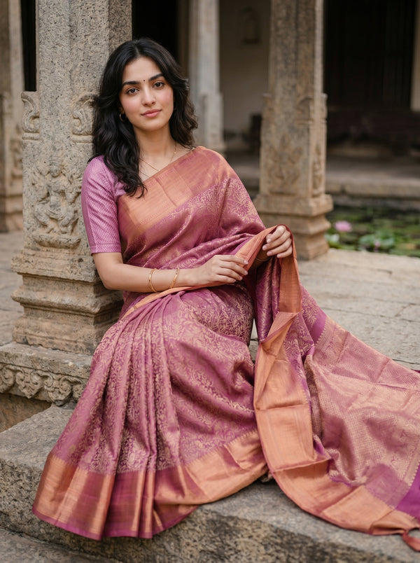 Kanjivaram Silk Magenta Purple & Copper Gold Dual-Tone Saree