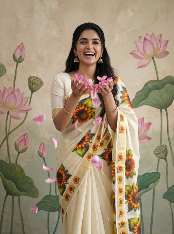 Tissue Cream Sunflower Motif  Onam Special Kerala Saree with Golden Border