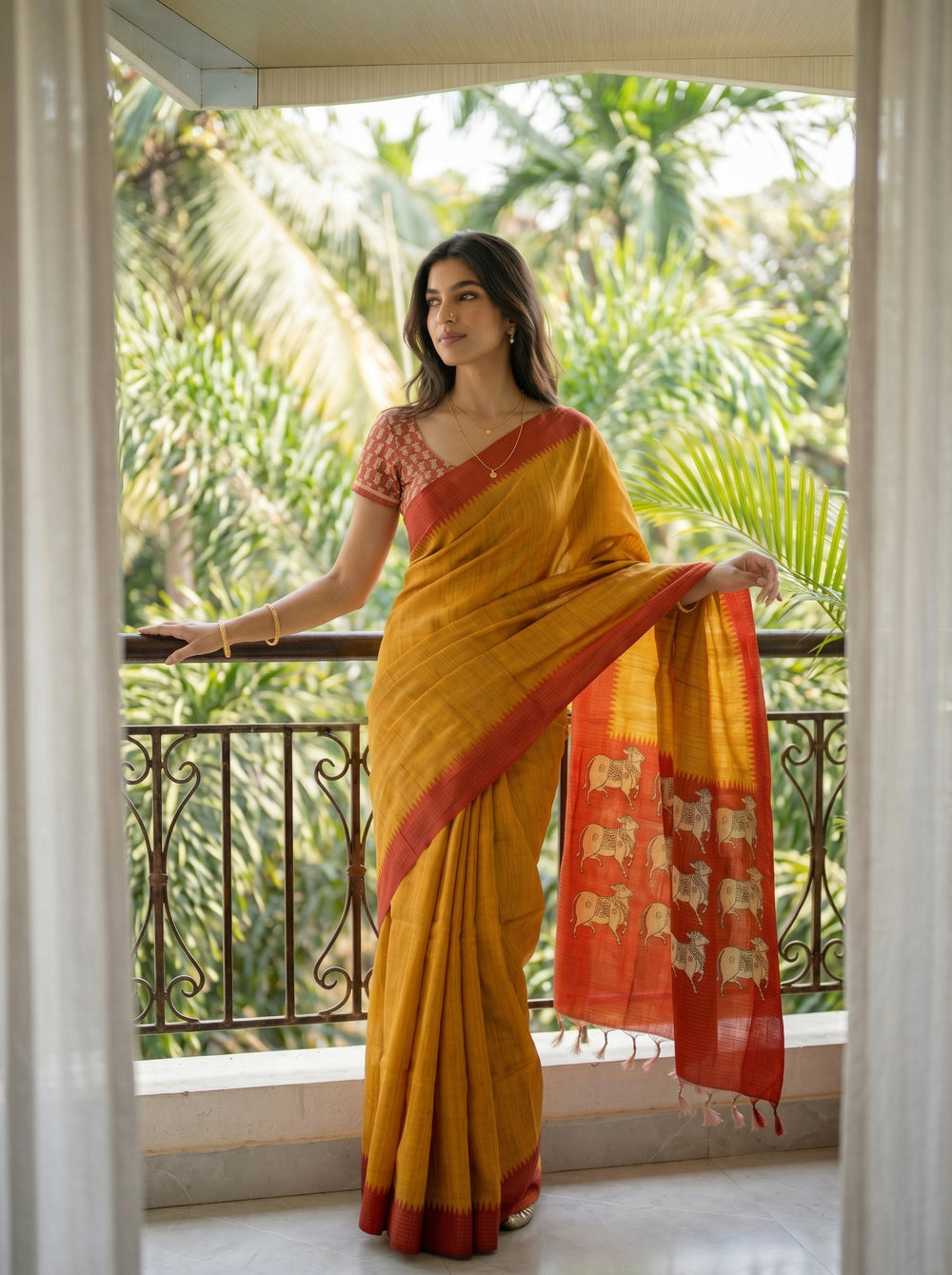 Semi Jute Mustard Yellow Traditional Design Saree
