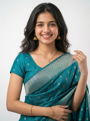 Semi Silk Teal Blue Zari Butta Saree with Geometric Pallu