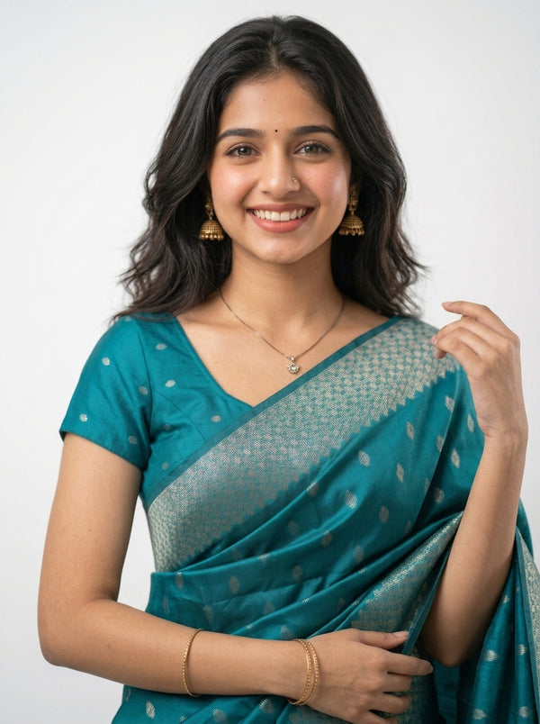 Semi Silk Teal Blue Zari Butta Saree with Geometric Pallu