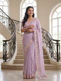 Chiffon Lilac Pink Floral Embroidered Scalloped Border Butta Saree