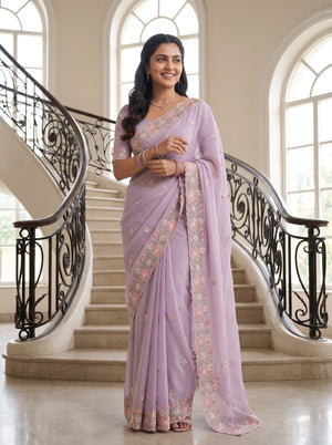 Chiffon Lilac Pink Floral Embroidered Scalloped Border Butta Saree