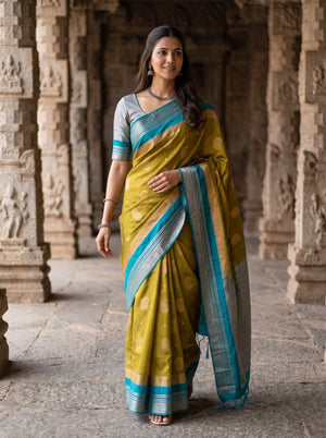 Semi Silk Mustard Zari Paisley Grey Pallu Saree