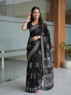 Cotton Block Print Saree in Black with Mustard Floral Rosette Pallu