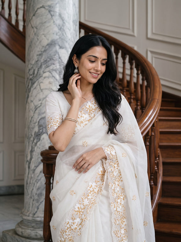Organza Cream Mustard Golden Floral Embroidery Scalloped Lace Border