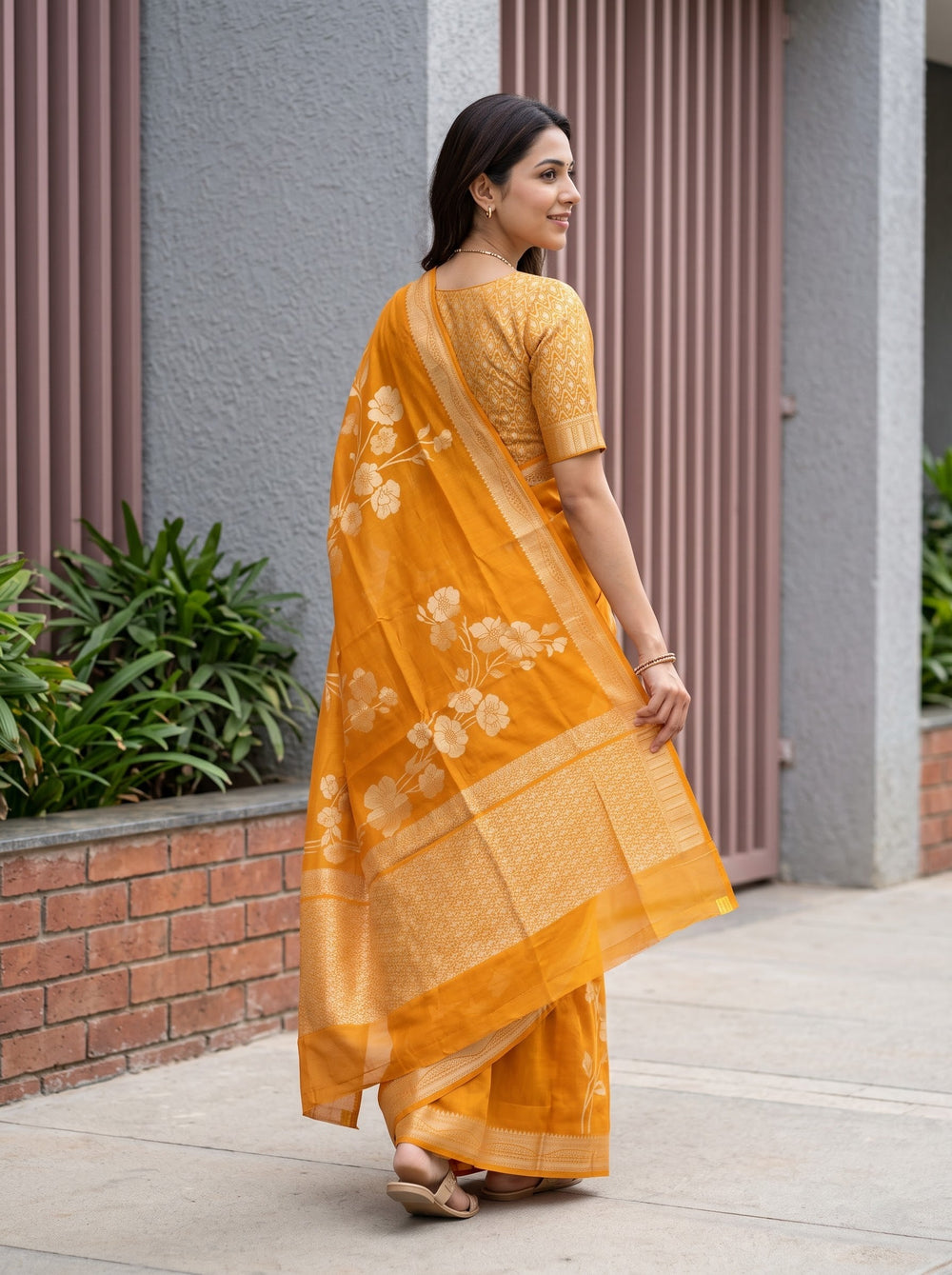 Organza Mustard Zari Flower Branch Butta Woven Border Saree