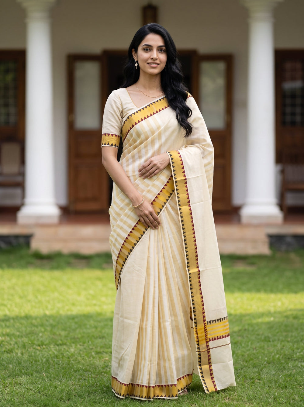 Tissue Cream Yellow Zigzag Temple Border Onam Kerala Saree