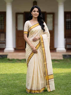 Tissue Cream Yellow Zigzag Temple Border Onam Kerala Saree