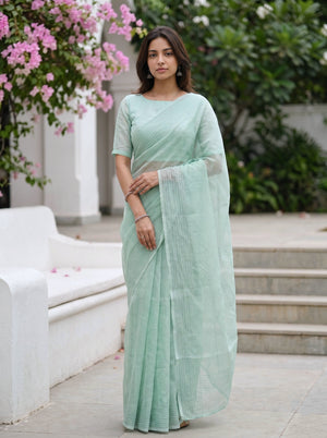 Kota Doria Mint Green Self-Tone Leaf Motif Saree