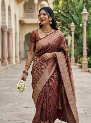 Brocade Silk Maroon Saree with All Over Floral Vine Zari Jaal and Wide Border