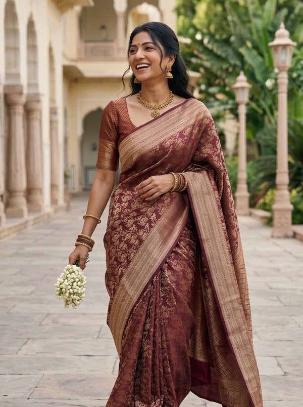 Brocade Silk Maroon Saree with All Over Floral Vine Zari Jaal and Wide Border