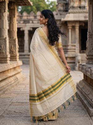 Cotton Cream Kerala Saree with Checkered Design, Golden Zari and Green Striped Border