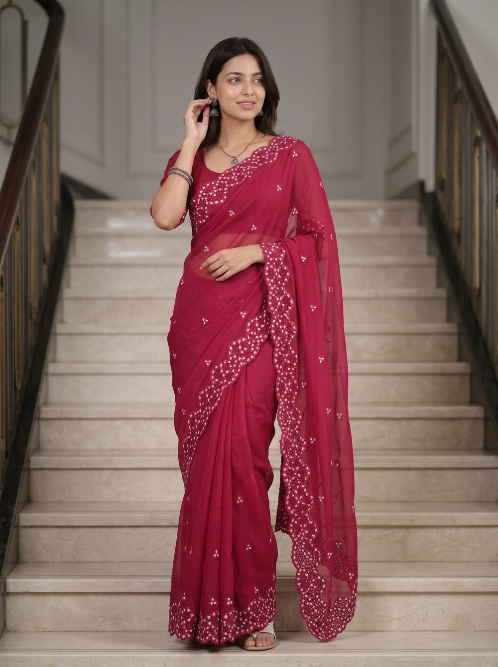 Mul Chanderi Red White Floral Sprig Cutwork Lace Border