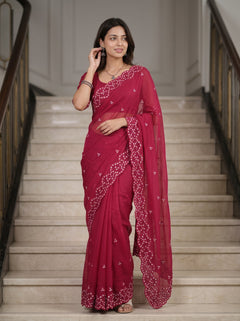 Mul Chanderi Red White Floral Sprig Cutwork Lace Border