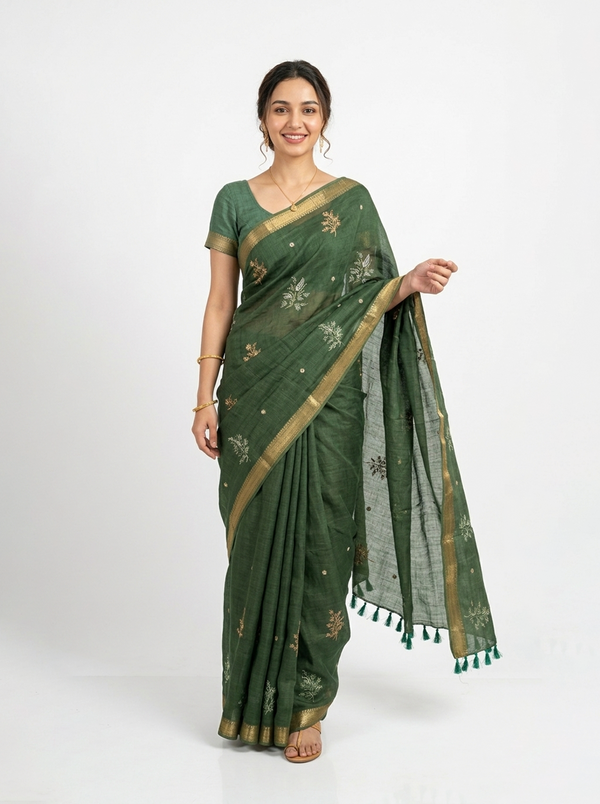 Chanderi Silk Bottle Green Embroidered Zari Border Saree