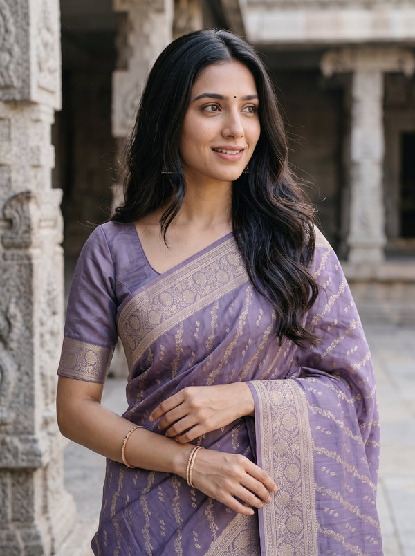 Banarasi Mauve Purple Golden Zari Kalka Paisley Jaal Pallu Saree with Diagonal Floral Vine Butta
