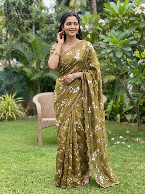 Chiffon Olive Green Floral Leaf print Saree