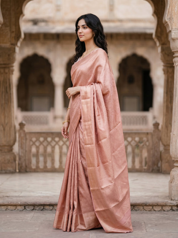 Kanjivaram Tissue Silk Blush Peach  Saree with All-Over Metallic Sheen & Clean Self Border