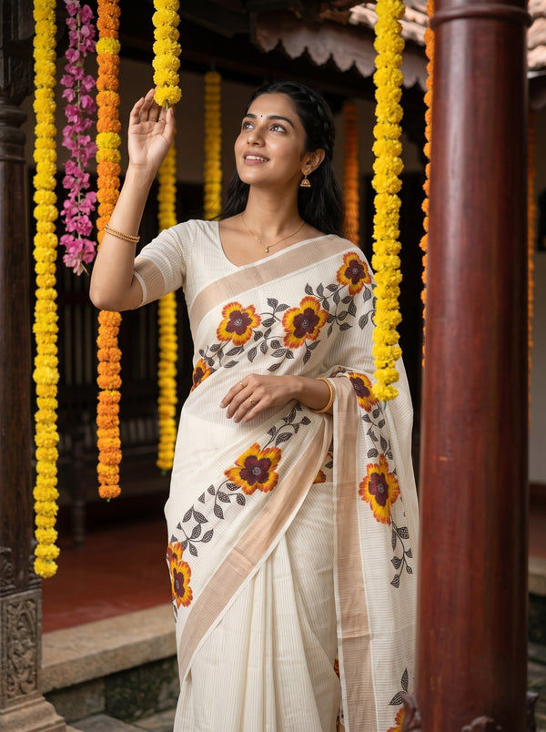 Cotton White MariGolde Orange Floral Print Rose Golden Border Onam Special Kerala Saree