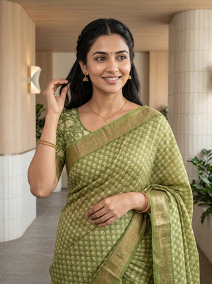 Pure Chanderi Green Saree with Golden Floral Butta Print