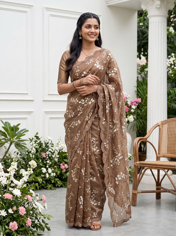 Chiffon Chocolate Brown Floral Leaf Pattern Saree