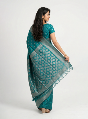 Semi Silk Teal Blue Zari Butta Saree with Geometric Pallu