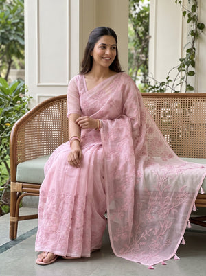Organza Pink Self-Tone Floral Vine Embroidery Lotus Border Saree