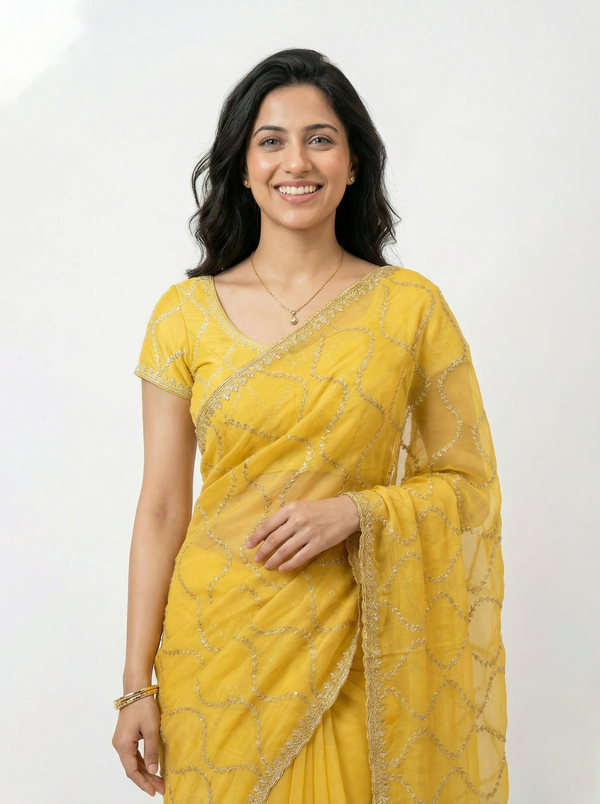 Organza Yellow Zari Embroidered Geometric Jaal Saree with Scalloped Border
