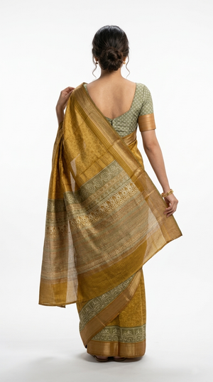 Cotton  Mustard Yellow Traditional Pattern And Thread Stripe Saree