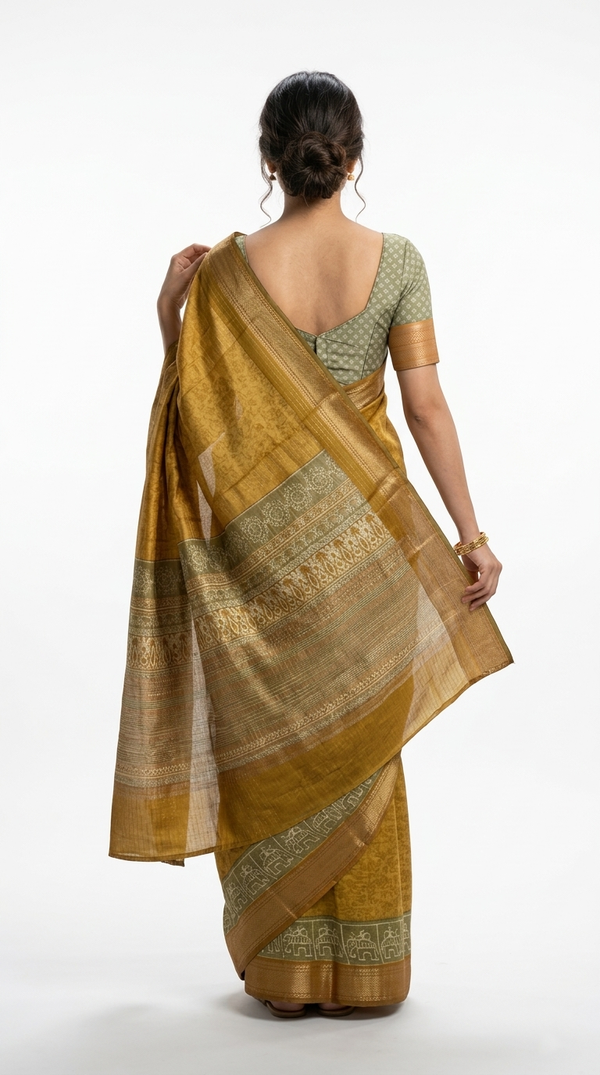 Cotton  Mustard Yellow Traditional Pattern And Thread Stripe Saree