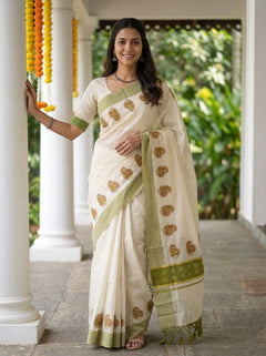 Tissue Cream Paisley Print Olive Border Kerala Saree