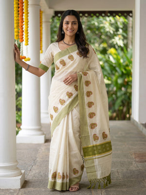 Tissue Cream Paisley Print Olive Border Kerala Saree