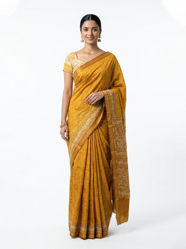 Soft Cotton Mustard Yellow Batik Print Saree with Floral Border