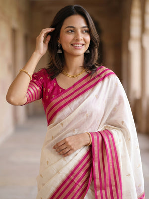 Semi Silk Cream Butta Print with Magenta Pink Zari Striped Pallu Saree