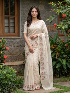 Net Kota Beige Multicolor Floral Bouquet Border Saree