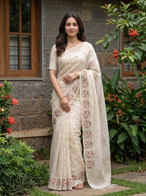 Net Kota Beige Multicolor Floral Bouquet Border Saree