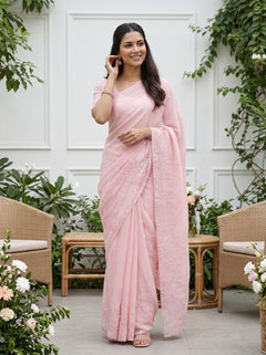 Organza Baby Pink Saree with Floral Vine Cutwork Pallu and Scalloped Border