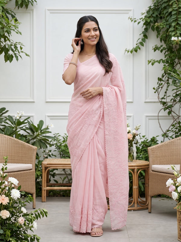 Organza Baby Pink Saree with Floral Vine Cutwork Pallu and Scalloped Border