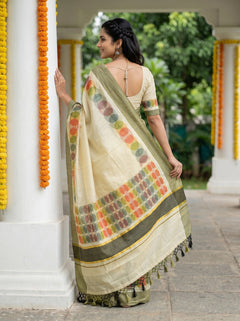 Tissue Cream Multicolor Circle Print With Black Tassels Onam Special Kerala Saree